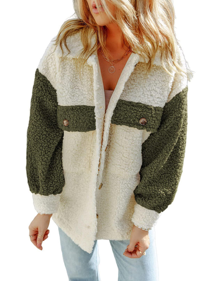 Women's oversized Teddy shirt jacket with contrast stripes, applied chest pockets and visible button placket Mune Fashion