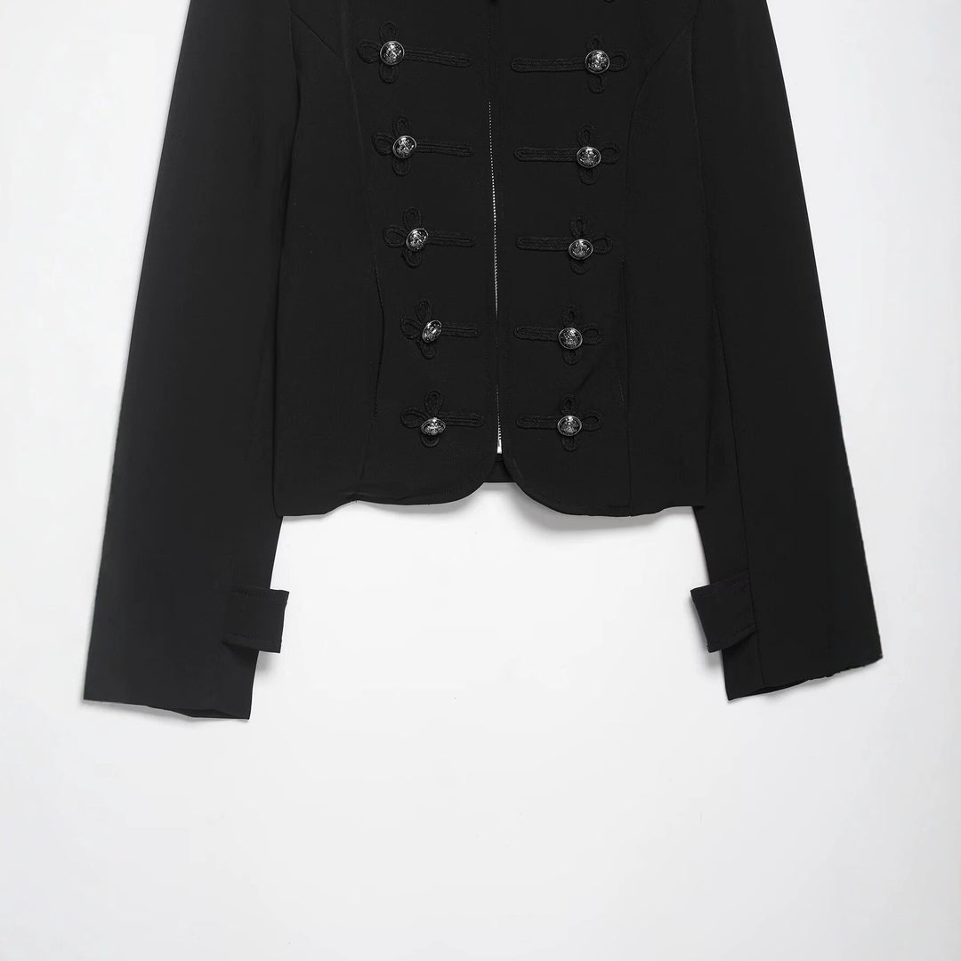 Women’s military-inspired short jacket with stand-up collar, decorative cords, and epaulettes Mune Fashion
