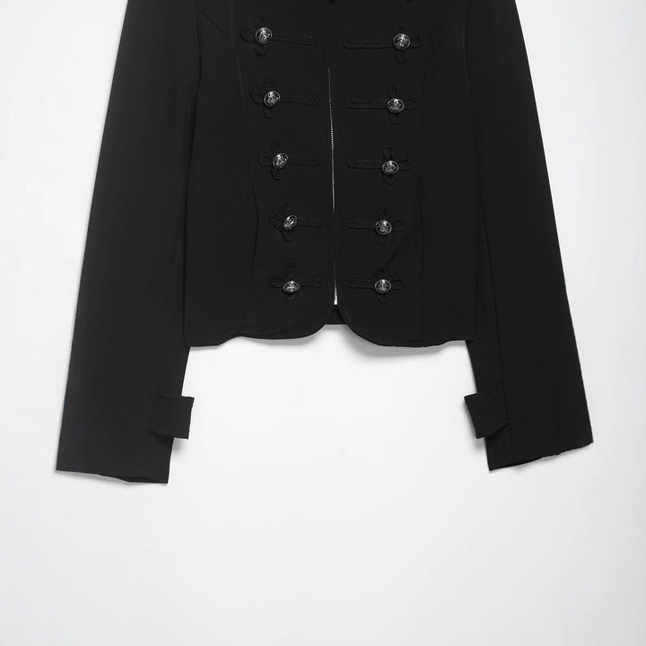 Women’s military-inspired short jacket with stand-up collar, decorative cords, and epaulettes Mune Fashion