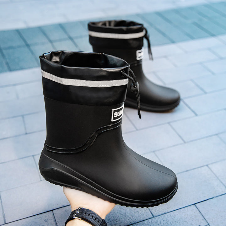Women Short Shaft Rain Boots with Adjustable Drawstring and Reflective Hem Mune Fashion