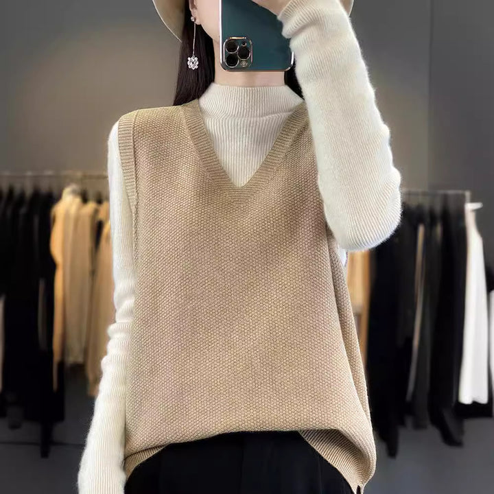Ladies Oversize Knit Vest with Deep V-Neck and Fine Structure Mune Fashion