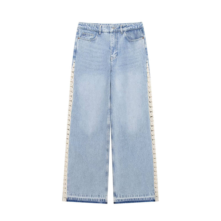 Women's Highwaist Cropped Wide-Leg Jeans with Crochet Lace Side Stripes Mune Fashion