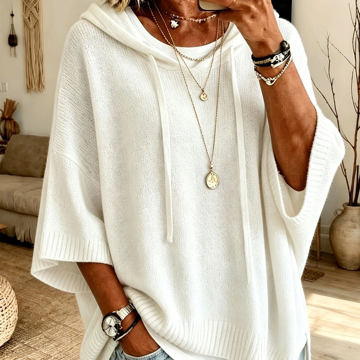 Women Oversize Hooded Knitted Poncho with Half-Length Sleeves and Block Stripes Mune Fashion
