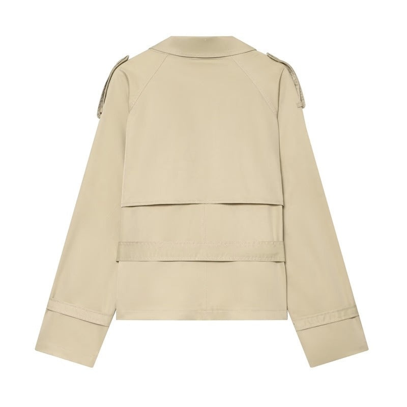 Women Short Boxy Trench with Double Breasted, Waist Belt and Shoulder Tabs Mune Fashion