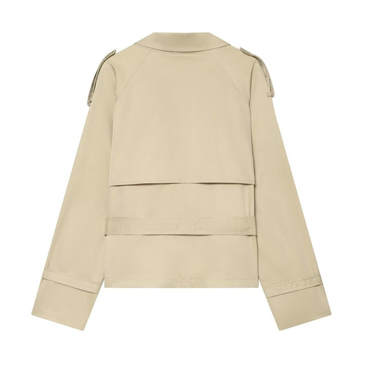 Women Short Boxy Trench with Double Breasted, Waist Belt and Shoulder Tabs Mune Fashion