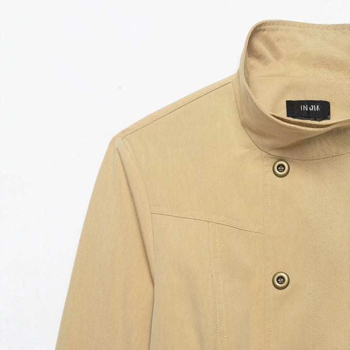 Women's Short Double-Breasted Utility Blouson with High Standing Collar and Flap Pockets