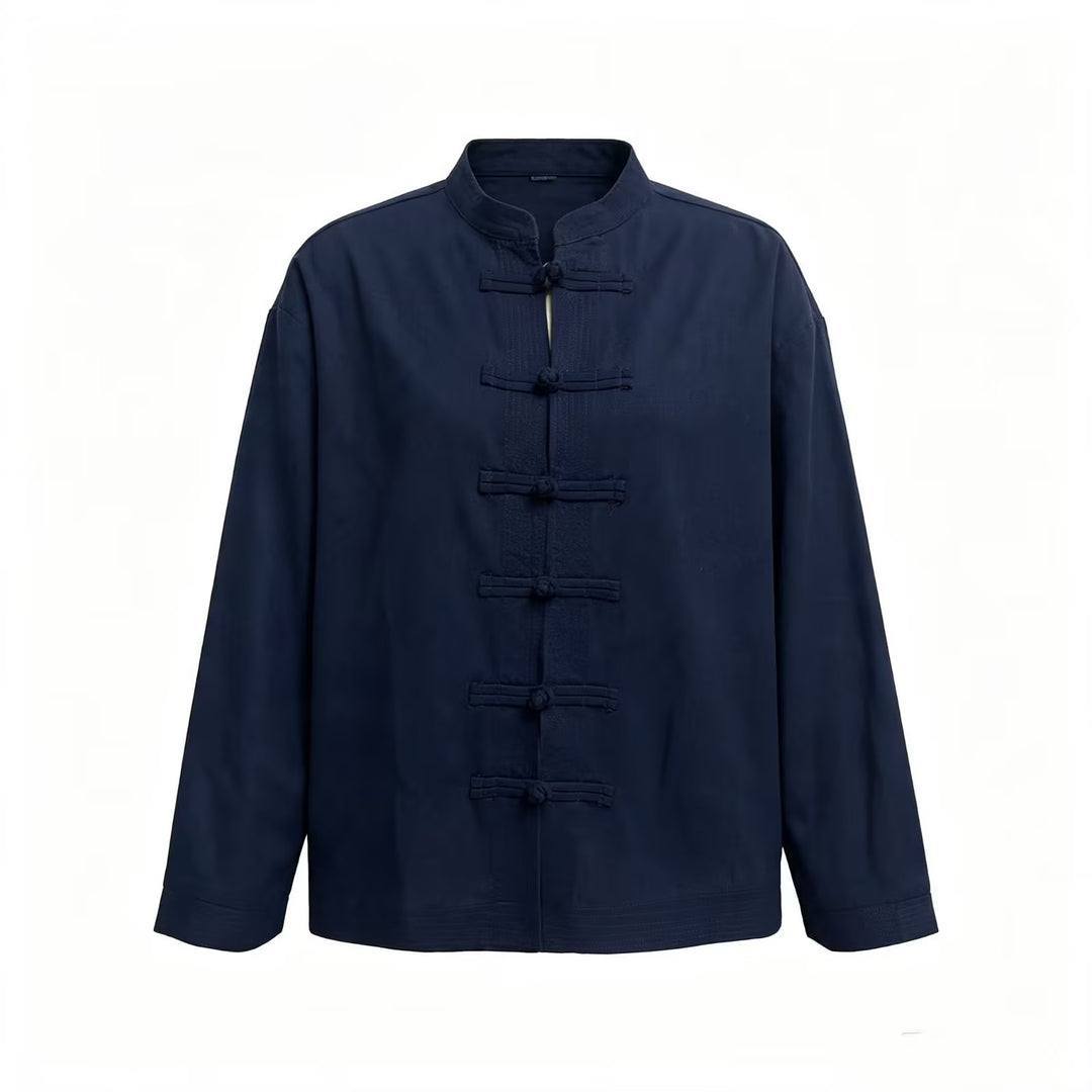 Women Loose Fit Blouse in Mandarin Look with Knot Buttons Mune Fashion