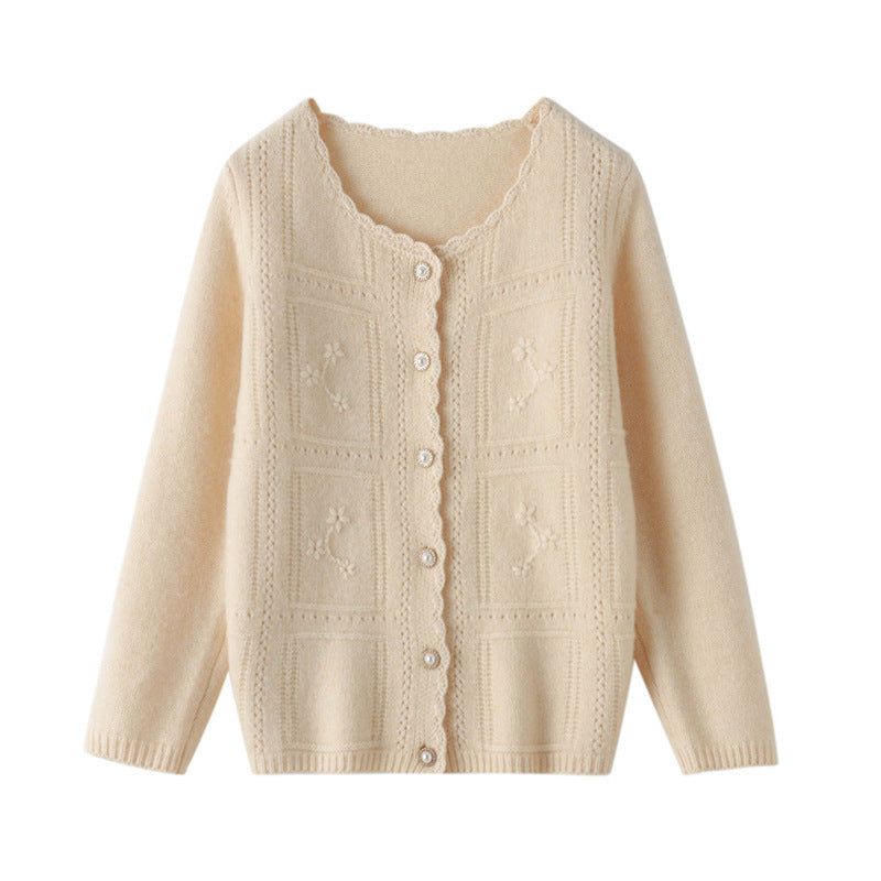 Ladies Embellished Knit Cardigan with Pearl Buttons and Openwork Embroidery Mune Fashion