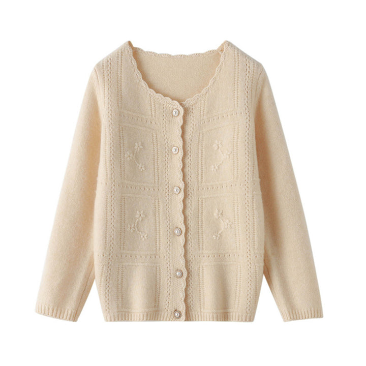 Ladies Embellished Knit Cardigan with Pearl Buttons and Openwork Embroidery Mune Fashion