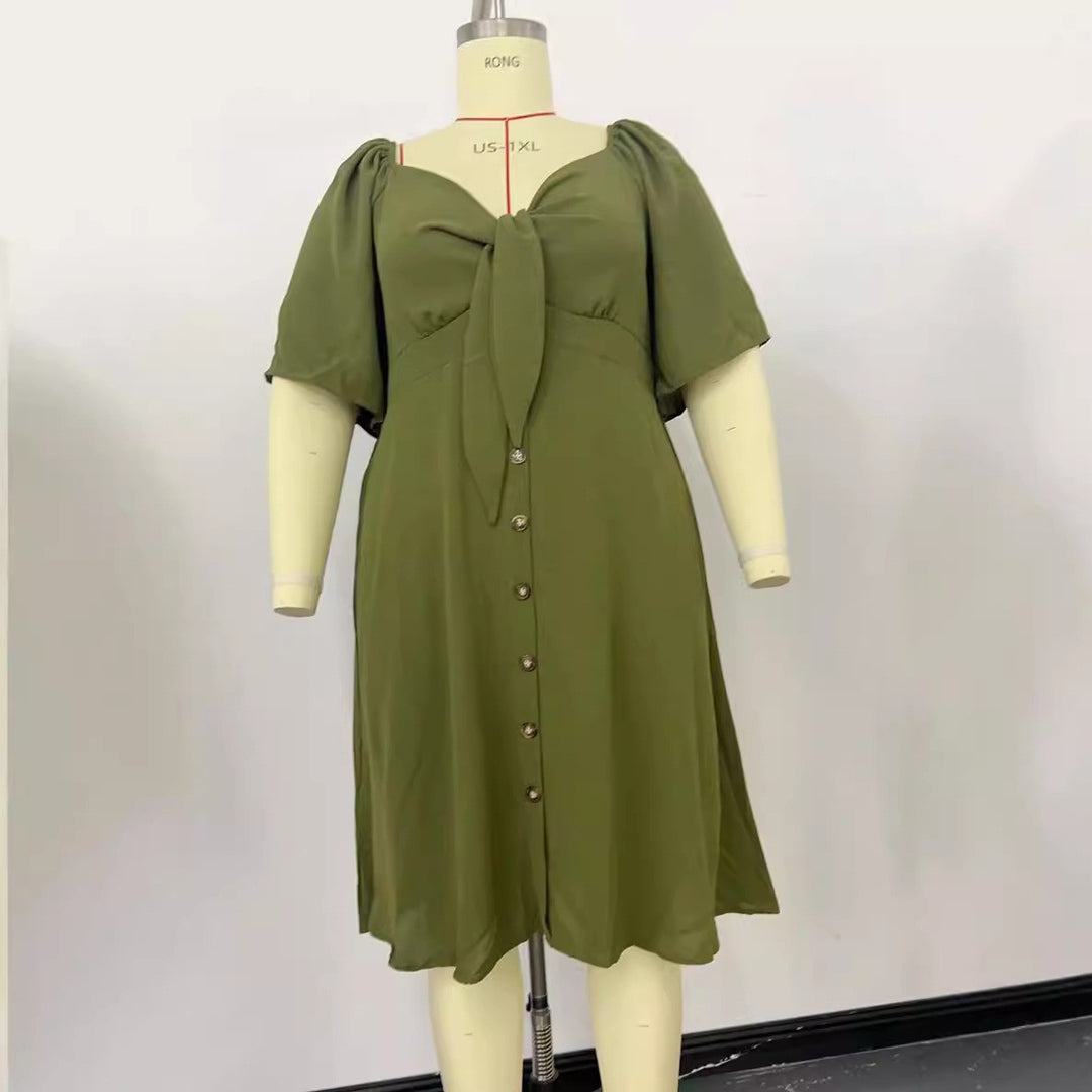 Women A-line midi dress with knot detail, puff sleeves and button placket Mune Fashion