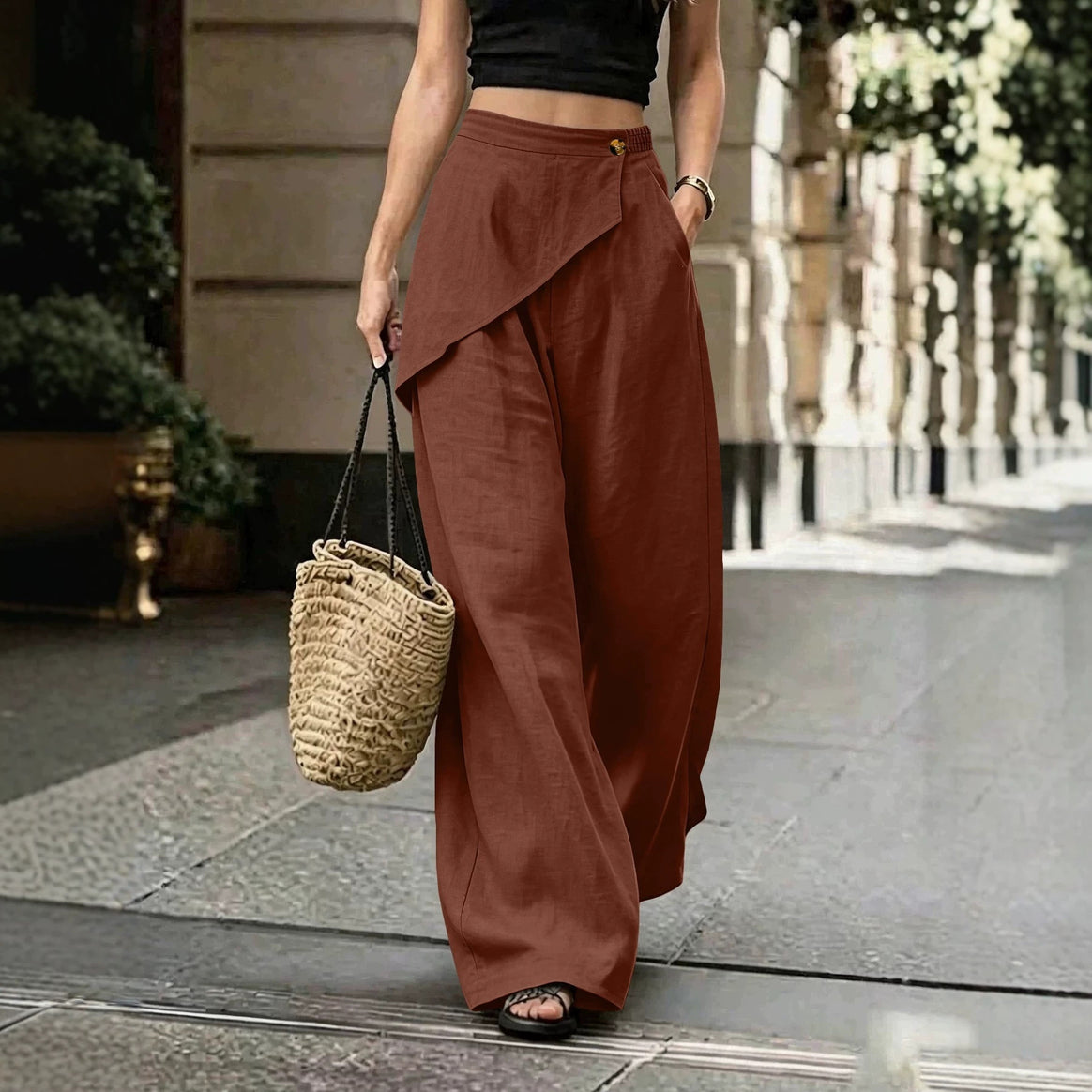 Ladies Light Linen Trousers with Wrap Front and Wide Leg Mune Fashion