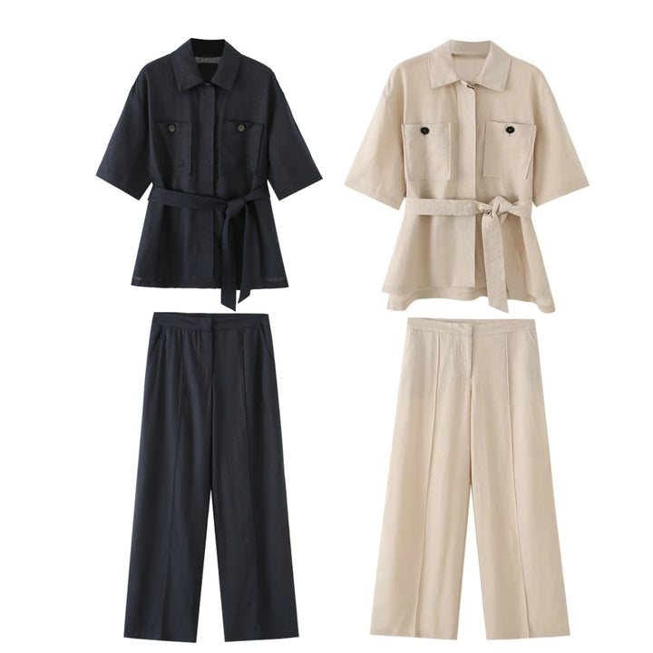 Ladies Wide Cut Linen Trousers with Crease and High Waist Mune Fashion