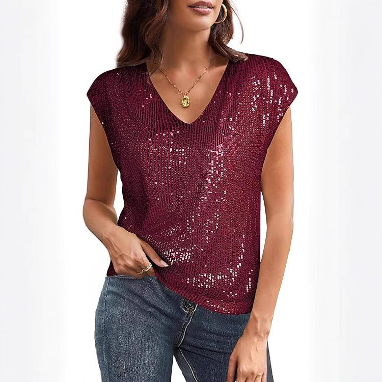 Women’s Sleeveless Sequin Top with V-Neck and Ruffled Hem Mune Fashion