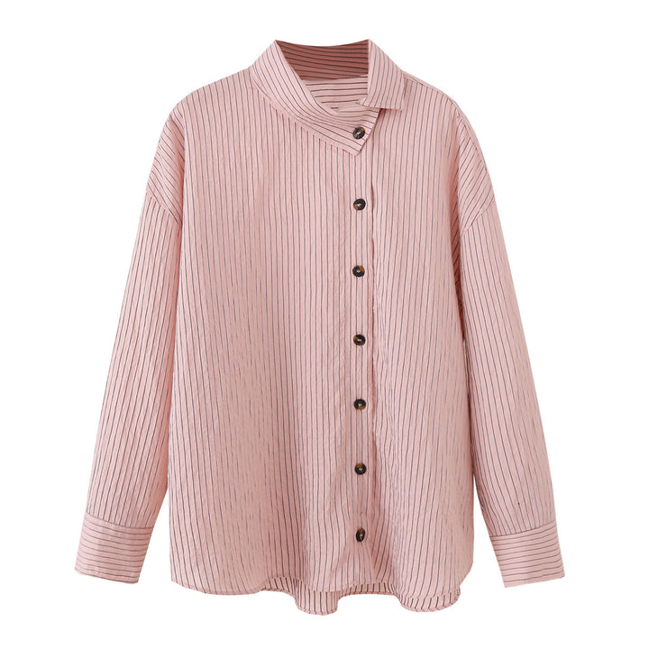 Women's Oversize Blouse with Stand-Up Collar, Fine Pinstripes and Continuous Button Placket Mune Fashion