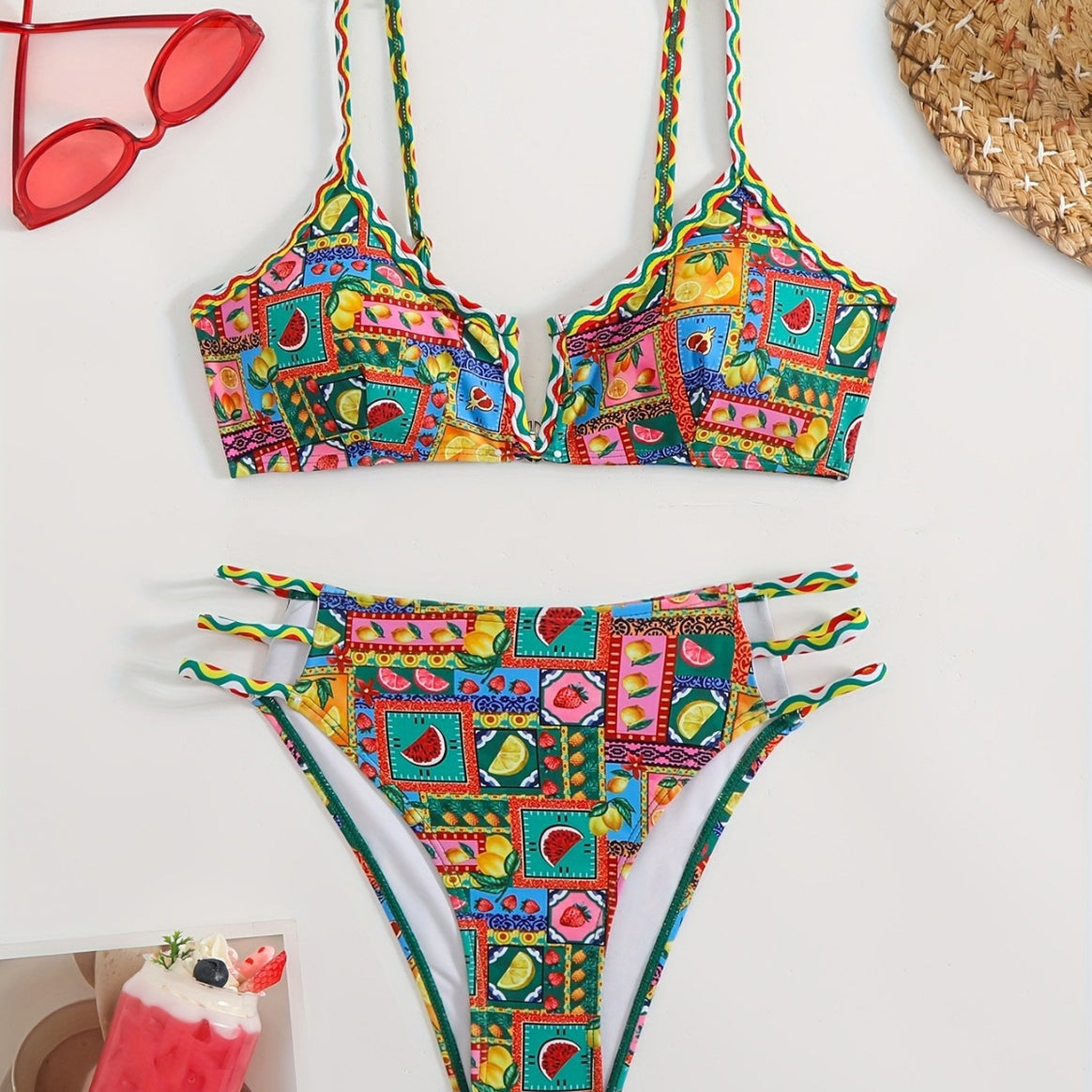 Women's bikini set with colorful fruit pattern and sophisticated strap details Mune Fashion