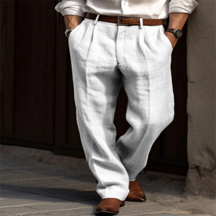 Men's pleated linen chinos with high waist, wide leg and classic side pocket cut Mune Fashion