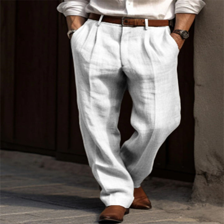 Men's pleated linen chinos with high waist, wide leg and classic side pocket cut Mune Fashion