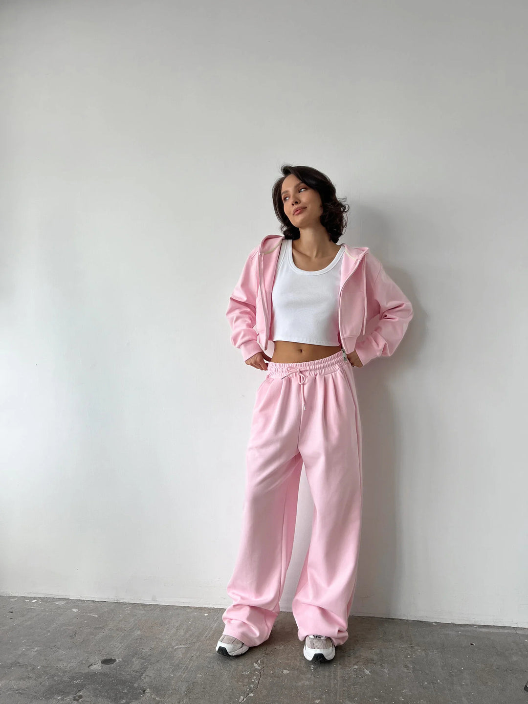 Women's Short Zip Hoodie Set with High-Waisted Wide Lounge Pants Mune Fashion