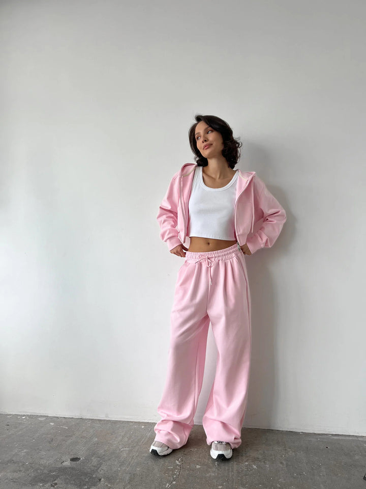 Women's Short Zip Hoodie Set with High-Waisted Wide Lounge Pants Mune Fashion