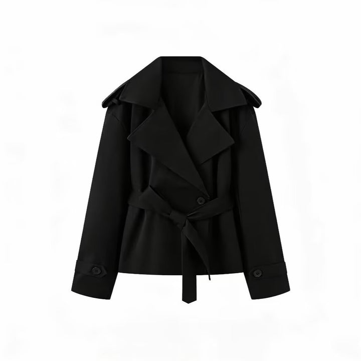 Women's Short Cut Trench Coat with Waist Belt and Wide Lapels Mune Fashion