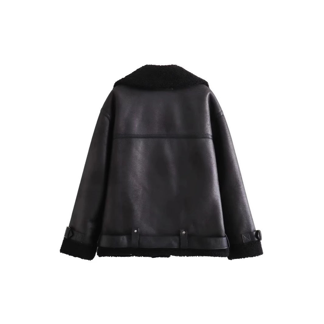 Ladies aviator jacket in biker style with teddy lining, faux leather trim and waist belt Mune Fashion
