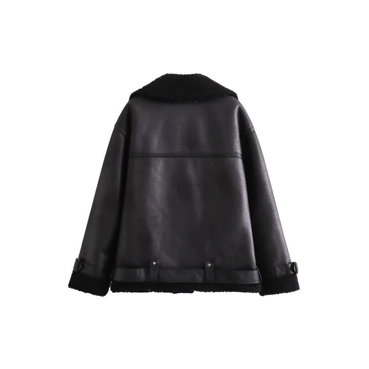Ladies aviator jacket in biker style with teddy lining, faux leather trim and waist belt Mune Fashion