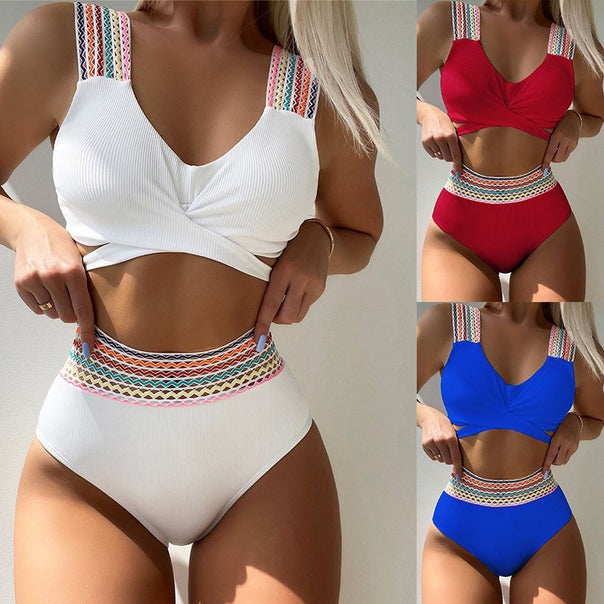 Women High-Waisted Bikini Set with Colorful Strap Design Mune Fashion