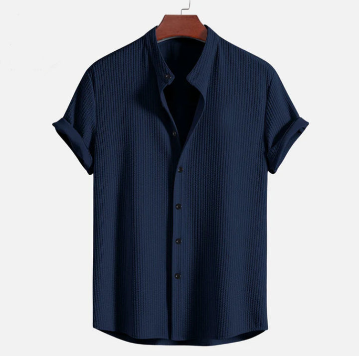 Men's Short Sleeve Structured Shirt with Stand Collar and Rolled-Up Sleeves Mune Fashion