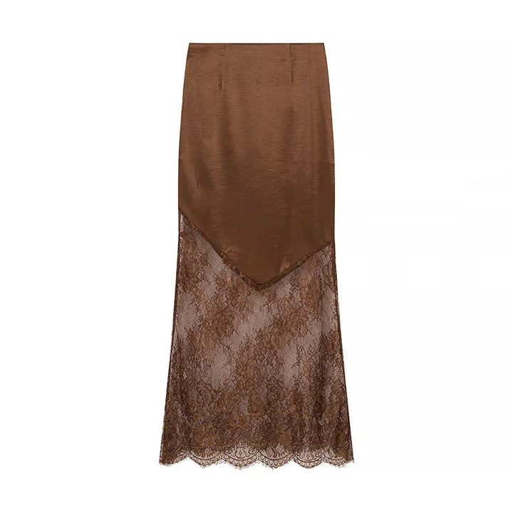 Women nan maxi skirt with transparent lace underlay and asymmetrical satin overlay Mune Fashion