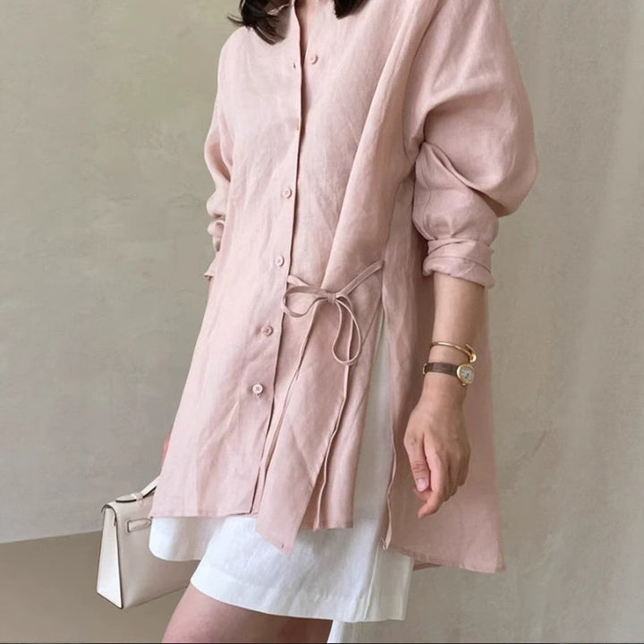 Women loose-fitting linen shirt blouse with stand-up collar, drawstring waist and full button placket Mune Fashion