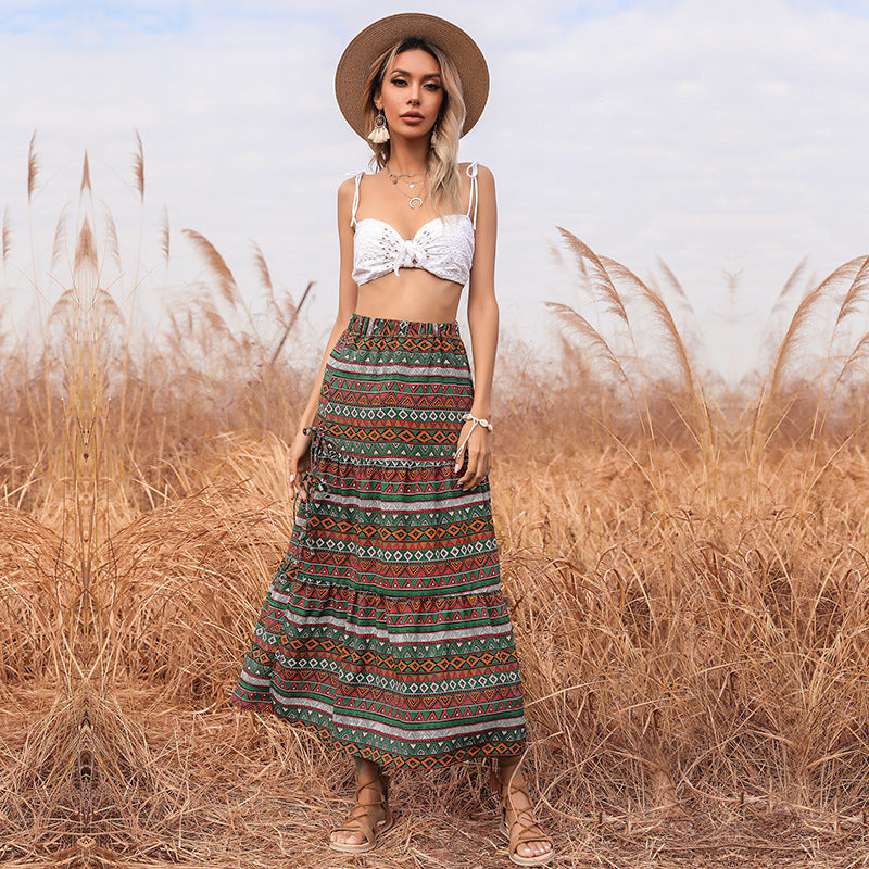 Women's Long Boho Maxi Skirt with Ethnic Print and Side Ties Mune Fashion