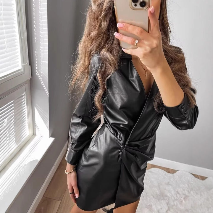 Women's Wrap Faux Leather Mini Dress with Shirt Collar, Gathered Waistline and Cuffs Mune Fashion