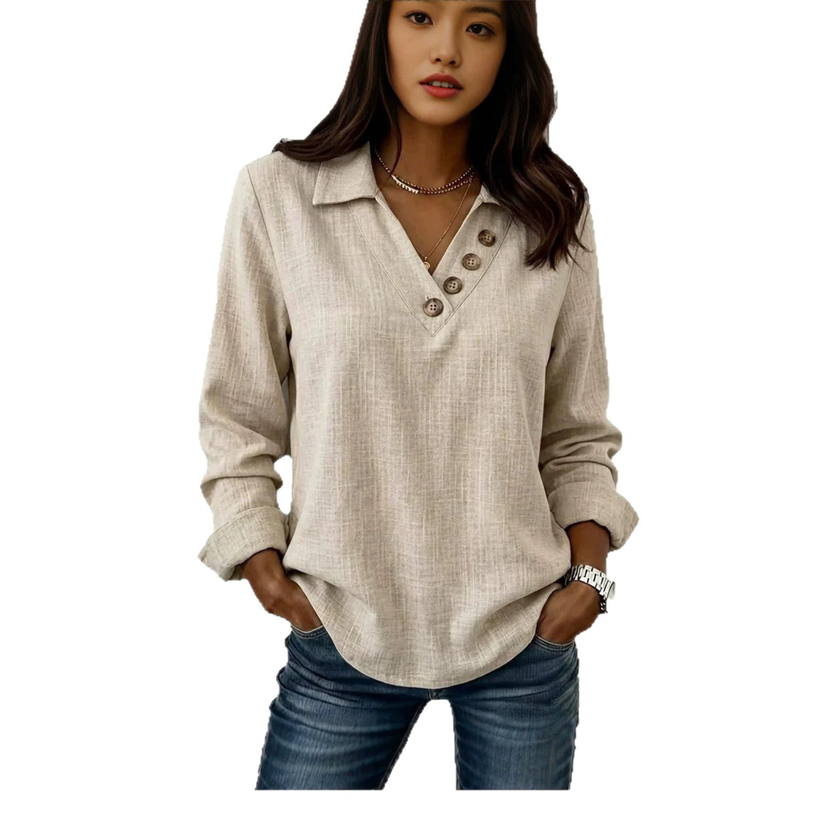 Women's Casual V Neck Blouse Shirt with Shirt Collar and Asymmetrical Decorative Button Placket Mune Fashion