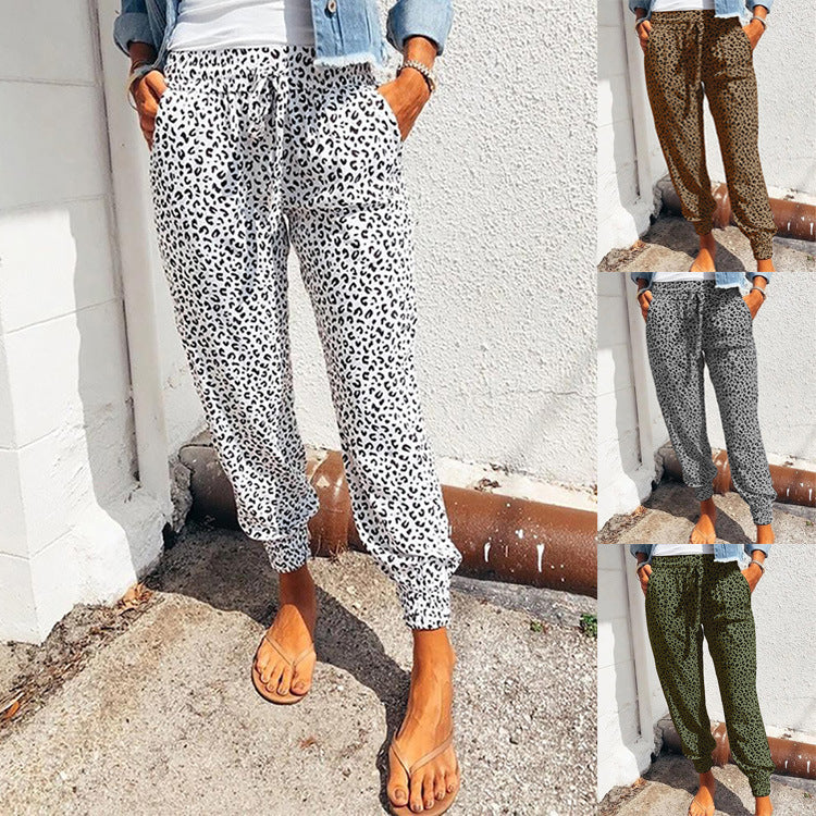 Ladies casual leopard print jogging pants with drawstring, side pockets, and elastic cuffs Mune Fashion