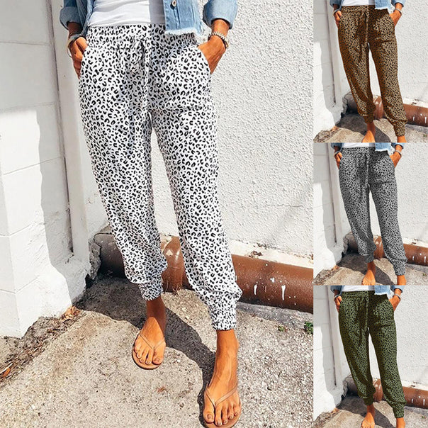 Ladies casual leopard print jogging pants with drawstring, side pockets, and elastic cuffs Mune Fashion