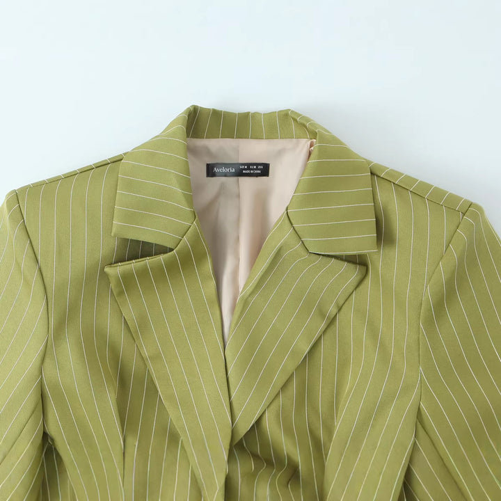 Women Tailored Cropped Blazer with Waist Belt and Pinstripes Mune Fashion