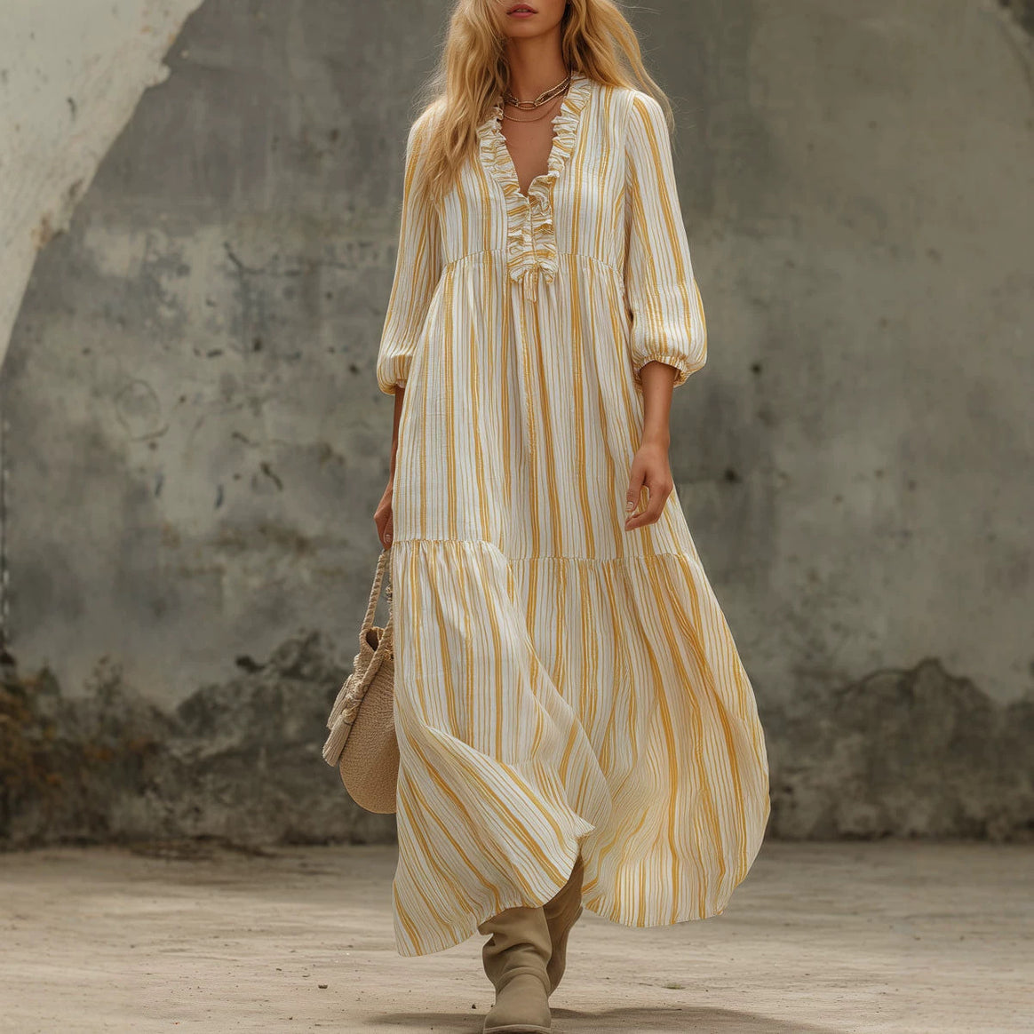 Women's Maxi Dress with Ruffle V-Neck and Balloon Sleeves Mune Fashion