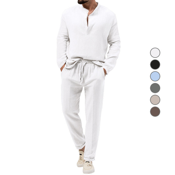 Men's Casual Two-Piece Lounge Set made of Cotton Gauze with Henley Top and Drawstring Pants Mune Fashion