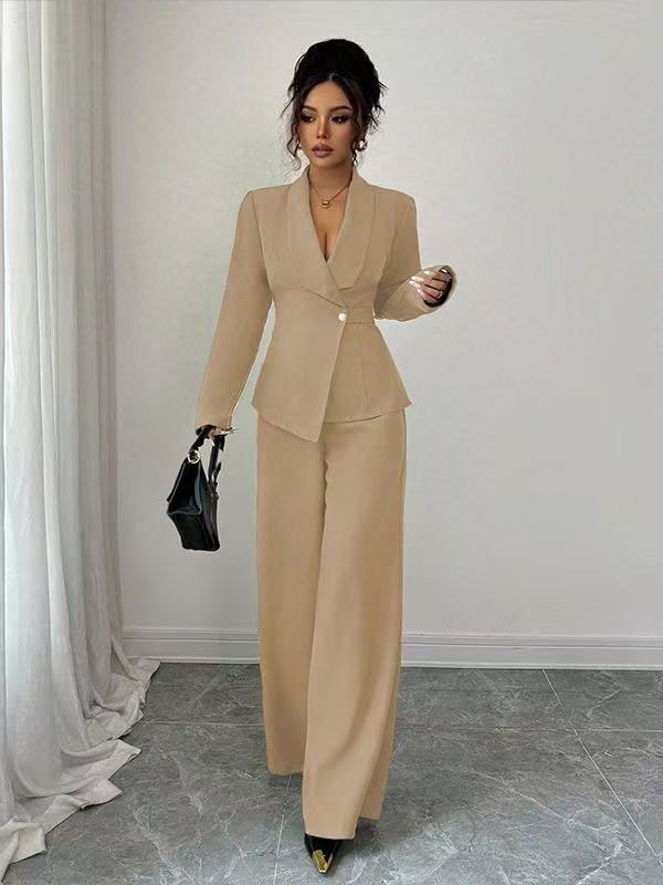 Women's tailored pantsuit set with asymmetrical blazer and wide-leg Mune Fashion