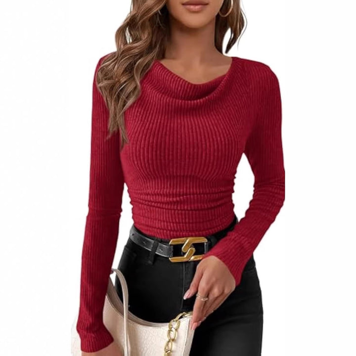 Women's fitted fine-rib long sleeve with asymmetric waterfall collar Drune