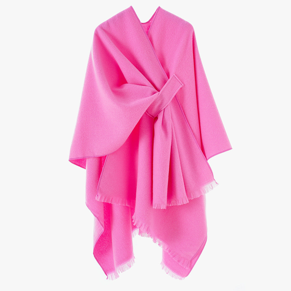 Women's lightweight wool blend wrap with fringes and tie belt Mune Fashion