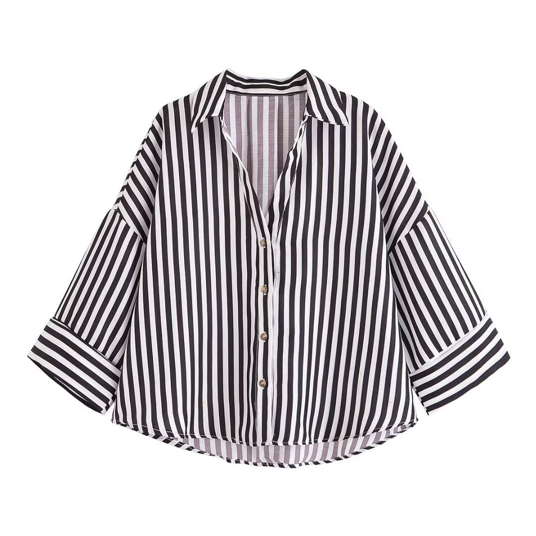Women's relaxed oversized shirt blouse with wide collar and three-quarter sleeves Mune Fashion