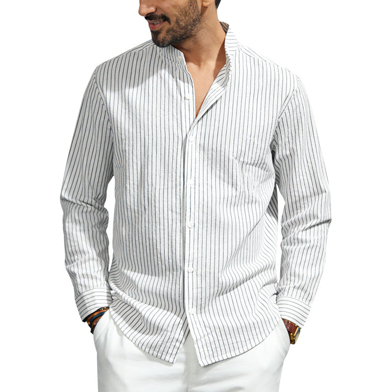 Men's striped stand-up collar shirt made of linen-cotton blend with button placket Mune Fashion