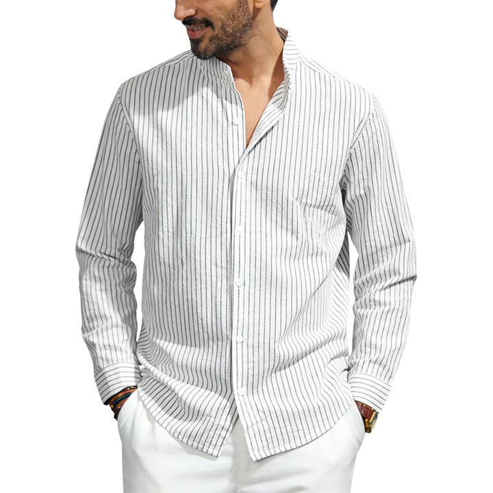 Men's striped stand-up collar shirt made of linen-cotton blend with button placket Mune Fashion