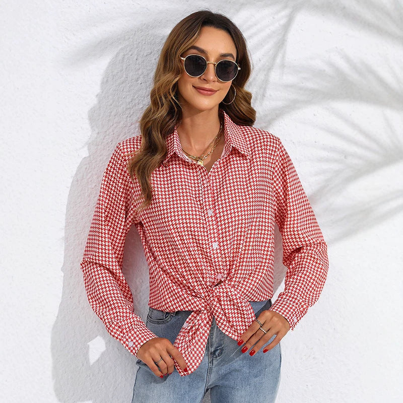 Women knotted houndstooth blouse with shirt collar and continuous button placket Mune Fashion