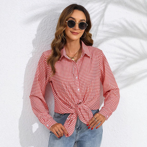 Women knotted houndstooth blouse with shirt collar and continuous button placket Mune Fashion