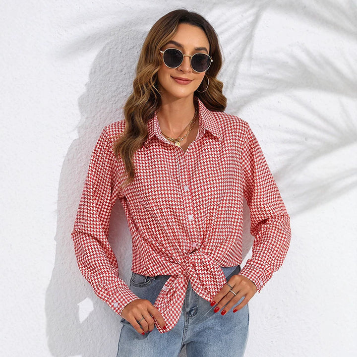 Women knotted houndstooth blouse with shirt collar and continuous button placket Mune Fashion
