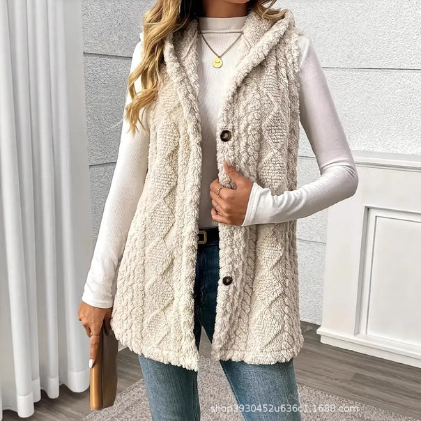 Women Fleece Lined Teddy Vest with Hood and Button Closure Mune Fashion