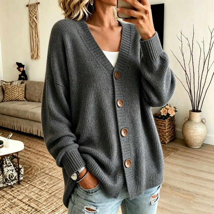 Women's Loose Longline Cardigan with Deep V-Neck and Wooden Buttons Mune Fashion