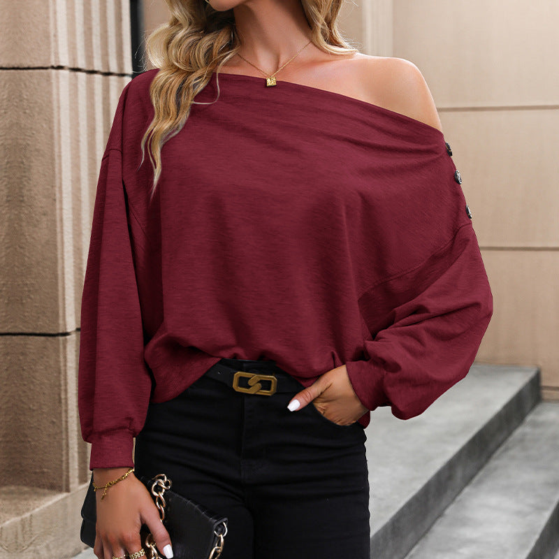 Women's Oversize Off-Shoulder Sweatshirt with Decorative Button Placket and Balloon Sleeves Mune Fashion